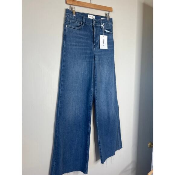 NWT Frame Le Slim Palazzo Frayed Hem Straight Leg Stretch Jeans Blue Size: 28 - Picture 3 of 8